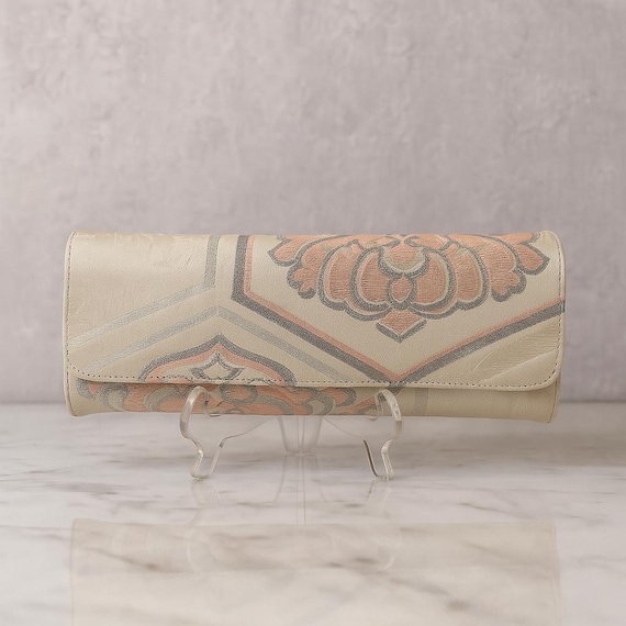 Elegant Long Clutch – Handcrafted from Japanese Vintage Kimono Belt, White, Beige, Pink and Silver, 95cm Detachable Silver Chain
