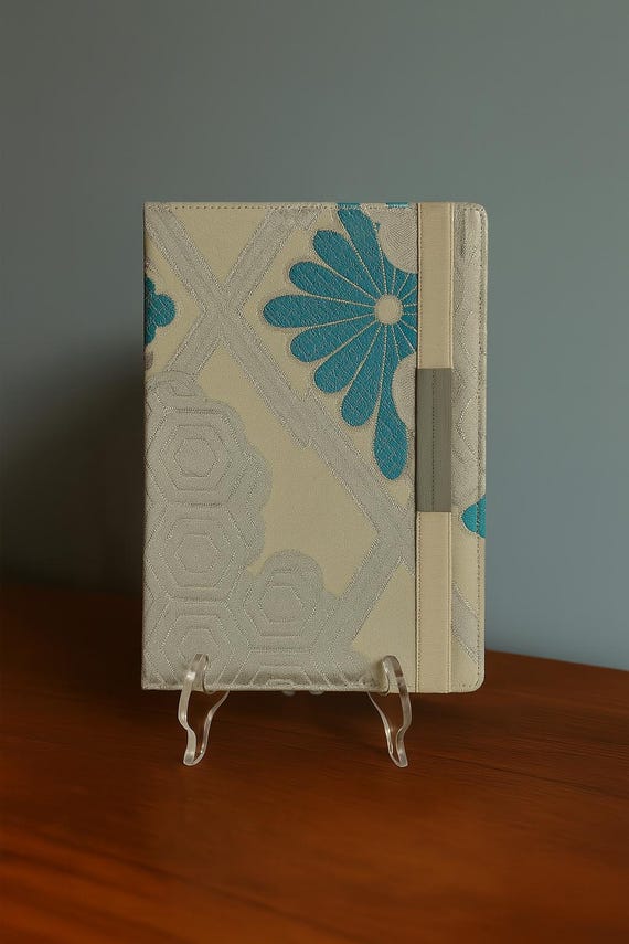 Tablet Cover from vinatge Japanese Kimono Obi – Silver and Turquoise | Japanese Patterns | Fits 9–12” | Handmade by Annina