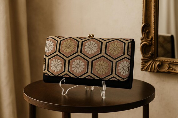 Elegant Black Wedding Clutch - Handmade from Vintage Obi with Hexagon and Chrysanthemum Patterns