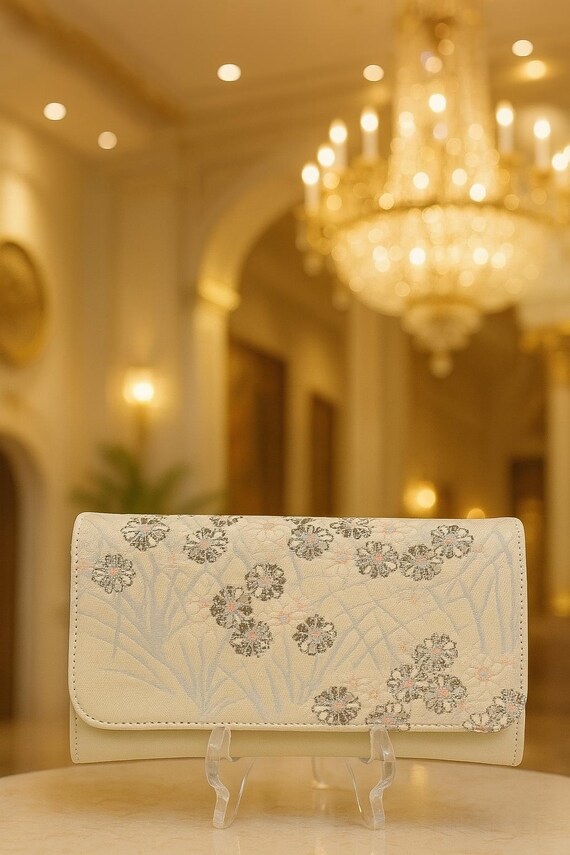 Beige Silver Kimono Clutch – Kiku & Grass Pattern | Handmade Obi Wedding Purse | Vintage Silk Bag | Japanese Formal Clutch