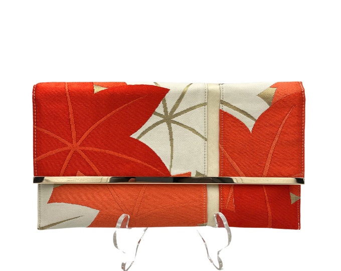 Featured listing image: Japanese Maple Elegance: Handcrafted Vintage Kimono Obi Clutch with Red Momiji Leaves – Eco-Friendly Statement Piece for Sustainability