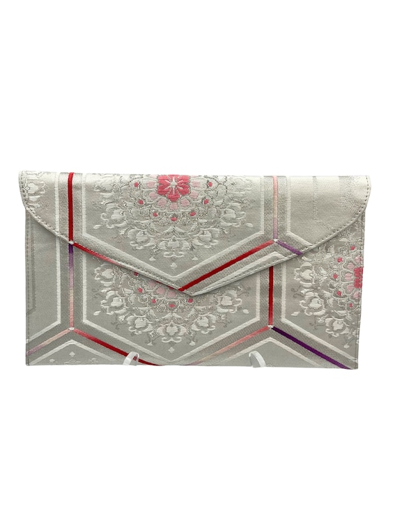 Handcrafted Vintage Japanese Fukuro Obi Envelope Clutch – Stunning Wedding Clutch with Arabesque Flowers and Kikkou Patterns