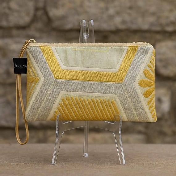 Handmade Mini Wristlet | Vintage Kimono Obi | Elegant Gold & Greenish-Gold | Sustainable Fashion Accessory