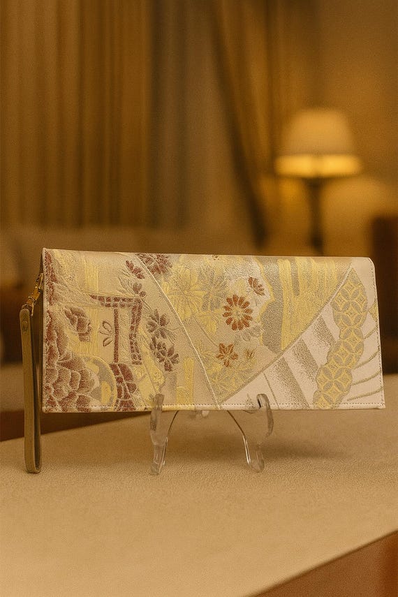 Kimono Obi Clutch Bag – Handmade Wedding Purse with Kiku Embroidery & Hexagon Motif – Silk Evening Bag – Annina Designs