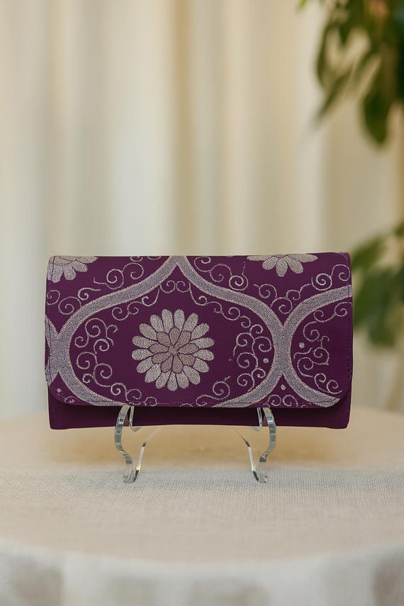 Exclusive Handcraft: Purple & Silver Wedding Clutch with Japanese Kimono Vintage Flair