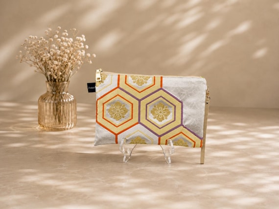 Upcycled Vintage Obi Silk Clutch Bag, Japanese Hexagon Pattern Evening Wristlet