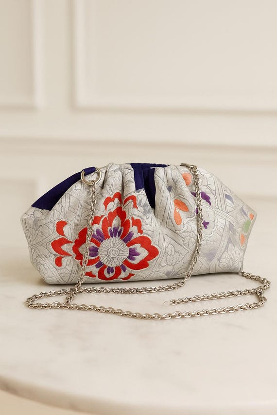 Handcrafted Dumpling Bag with Arabesque Flowers and Hanabishi recrafted from Vintage Japanese Obi