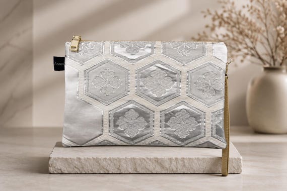 Handmade Vintage Obi Clutch | Japanese Silk Wristlet | White Silver Evening Purse