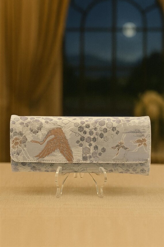 Handcrafted Vintage Kimono Clutch - Sustainable, Unique, Silver and Pink, Tsuru, Kikkou, Asanoha Pattern, Silk Evening Bag