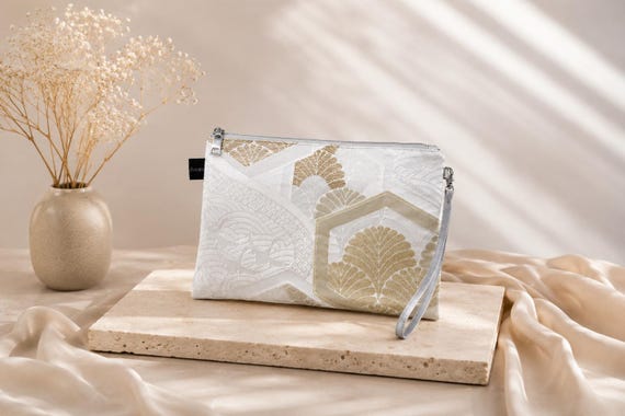 Japanese Obi Clutch | Upcycled Vintage Silk Kimono Wristlet | White Gold Purse