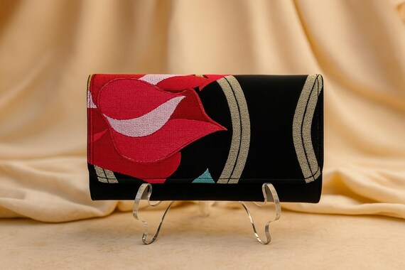 Elegance Redefined: Handcrafted Floral Black Wedding Clutch from Vintage Japanese Kimono Obi