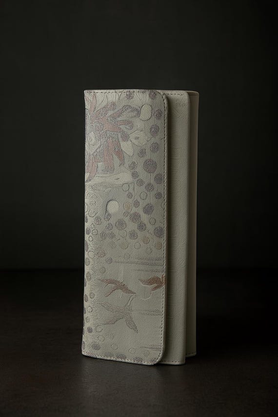 Handcrafted Vintage Kimono Clutch - Sustainable, Unique, Silver and Pink, Tsuru, Kikkou, Asanoha Pattern, Silk Evening Bag