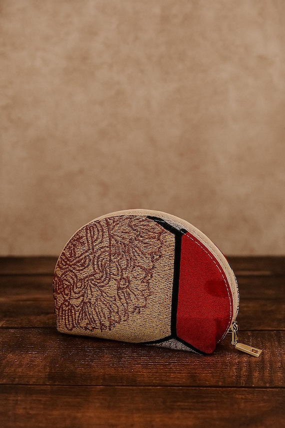 Luxurious Upcycled Cosmetic Pouch with Kikkou and Arabesque Flower Patterns – Crafted from Vintage Fukuro Obi