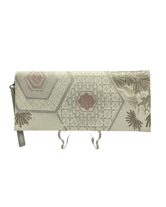 Elegante Silber Clutch aus Vintage Kimono Obi – Handgemachte Abendtasche mit japanischen Symbolmustern