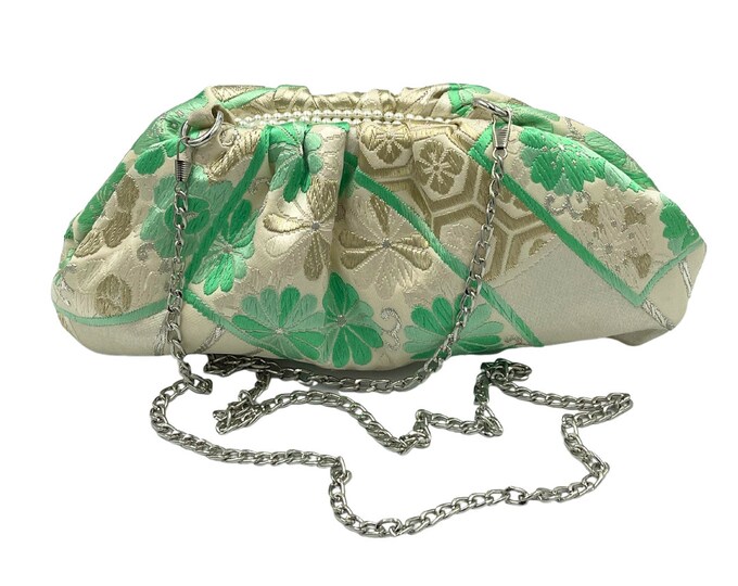 Featured listing image: Vintage Obi Clutch, Kiku Patterned Japanese Bag, Party Wedding Festival Shoulder Bag, green evening clutch bag