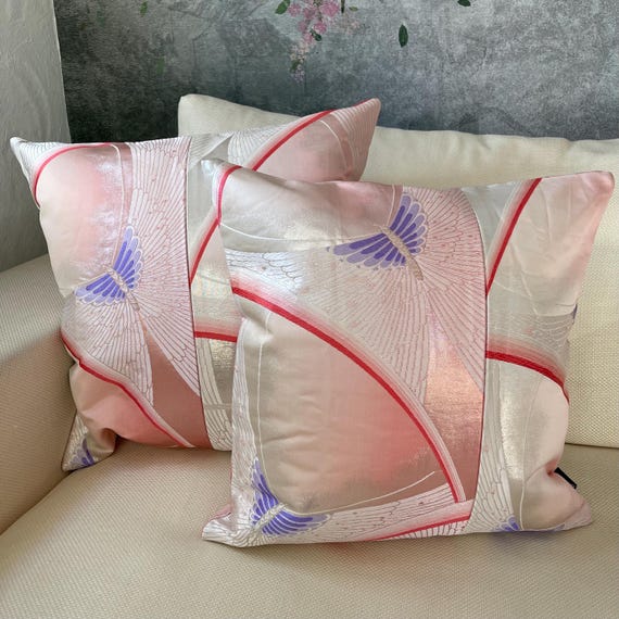 Set of 2 Japanese Cushion Covers | 50x50cm & 45x45cm | Handmade Kimono Obi Pillow Covers | Chōchō Butterfly | Pink, Purple and Silver Decor