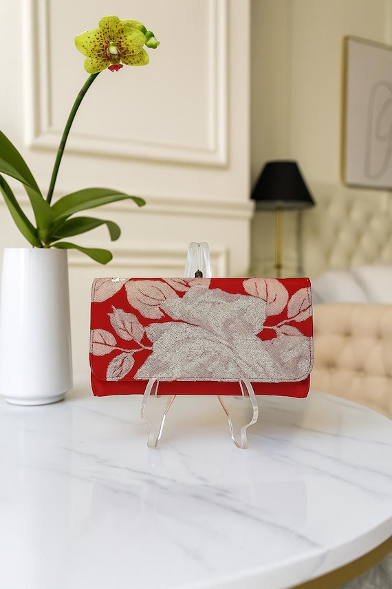 Unique Red Evening Silk Clutch - Handcrafted from Vintage Japanese Kimono Obi