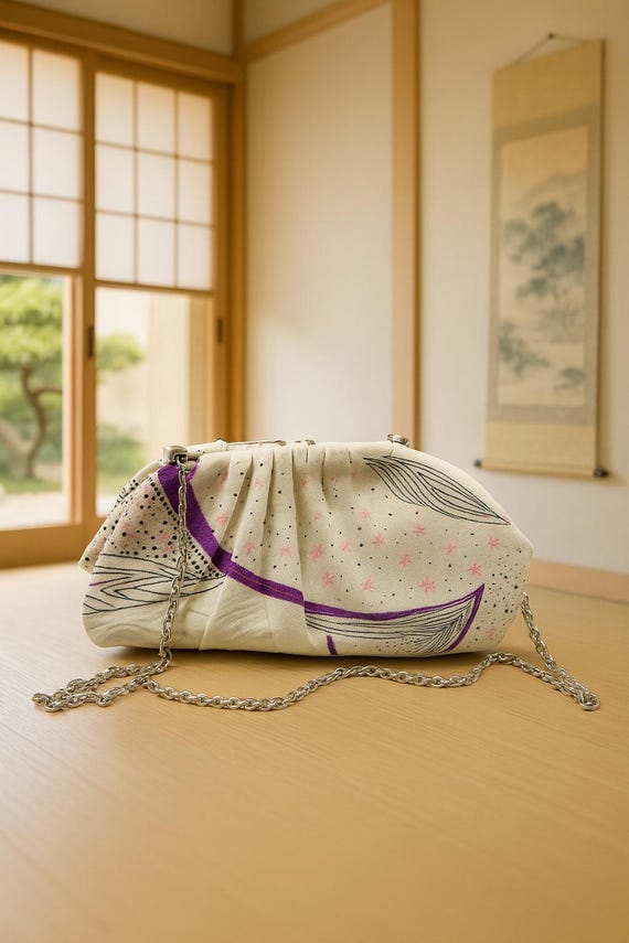 Elegant Peacock Feather Dumpling Bag – Handcrafted Vintage Kimono Clutch with Kujaku Design