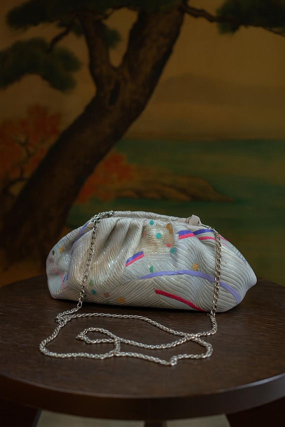 Elegant Colored Dumpling Bag – Silver, Baby Blue, Pastel Hues, Confetti Design, Pearl Clasp, Detachable Silver Chain, Night Out Clutch