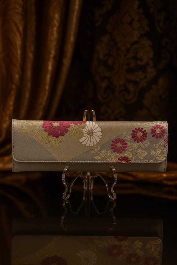 KIKU Elegance: Timeless Vintage Kimono Evening Clutch in Gold and Pink, wedding clutch bag