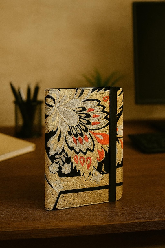 Luxury Japanese Obi Tablet Cover – Black and Gold | Kikkou, Hanabishi, Kujaku & Ume