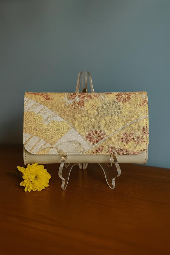Gold Colored Japanese Kimono Silk Clutch Bag for Evening | Designer Clutch Purse | AnninaDesigns
