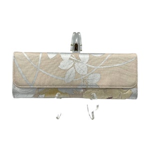 Botan Elegance: Rose Gold, Silver, and Beige Evening Bag with Vintage Obi Charm