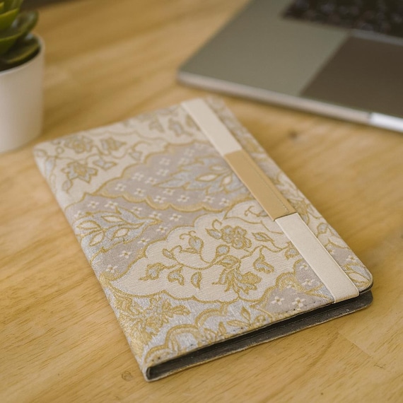 Vintage Japanese Obi iPad Cover | Handmade Tablet Case 9–10.4” | Kimono Sash Upcycled Sleeve with Arabesque Flower Embroidery