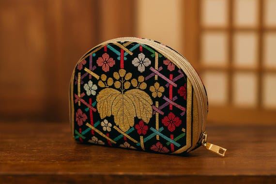 Upcycled Vintage Fukuro Obi Cosmetic Pouch with Royal Paulownia Pattern - Black, Gold, and More, japanese Kimono makeup zippered bag