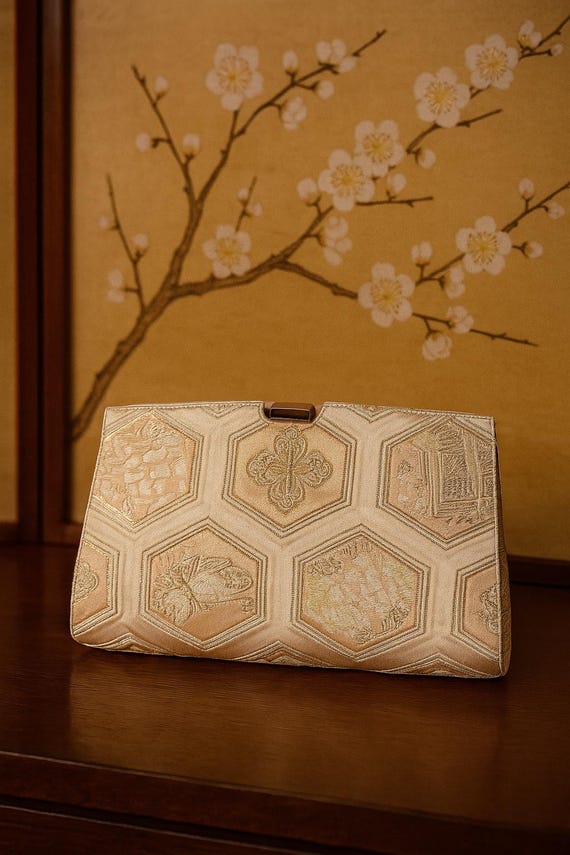 Japanese Style Floral Bridal Wedding Bag Purse,  Fukuro Obi Vintage Kimono Clutch Pouch, Formal  Evening Party Clutch, Mrs Clutch