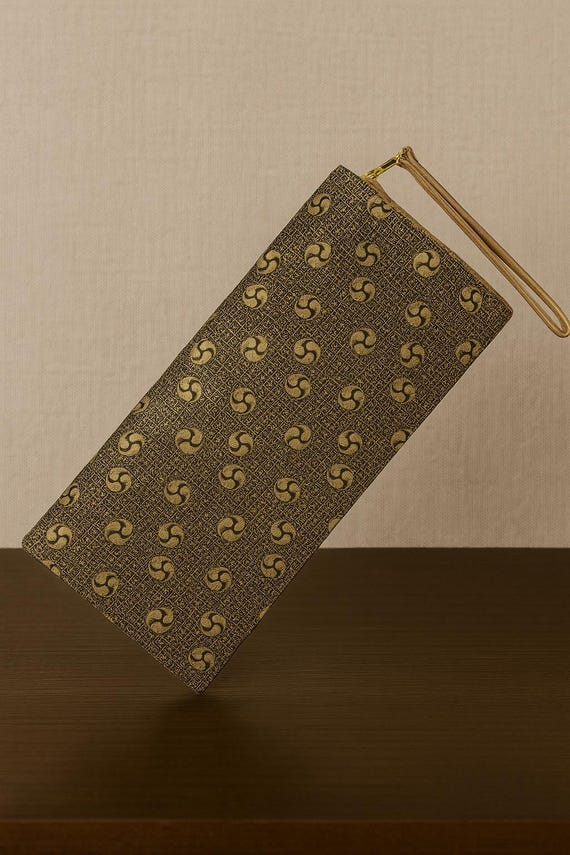 Obi Silk Clutch Bag – Shippou Pattern – Gold Brown Black White – Handmade Japanese Evening Bag – Vintage Kimono Purse – Annina Designs