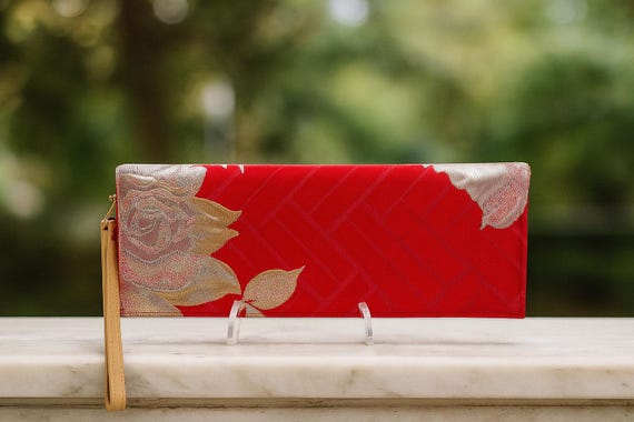 Red Obi Silk Clutch – Peony BOTAN Pattern – Vintage Kimono Evening Bag – Gold Silver Details – Handmade Japanese Purse – Annina Designs