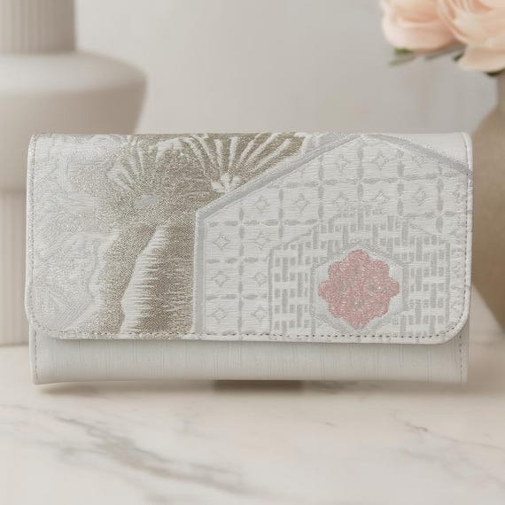 White & Silver Vintage Kimono Obi Wedding Clutch - Elegant Statement Piece