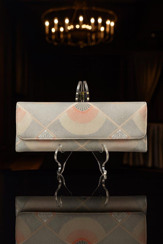 Elegant Long Clutch – Handcrafted from Japanese Vintage Kimono Belt, Peacock Pattern, Silver & Pink, Detachable 95cm Chain