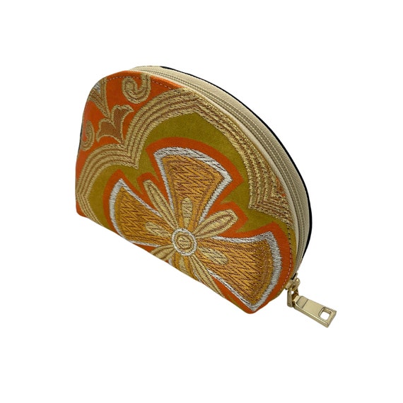 Upcycled Vintage Fukuro Obi Cosmetic Pouch with Arabesque Flower Pattern - Black, Orange, Gold, and Green