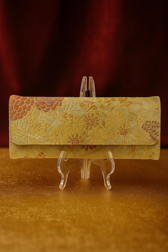 Elegant Evening Bag crafted from Vintage Kimono Belt with KIKU and BOTAN Patterns