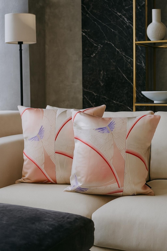 Set of 2 Japanese Cushion Covers | 50x50cm & 45x45cm | Handmade Kimono Obi Pillow Covers | Chōchō Butterfly | Pink, Purple and Silver Decor