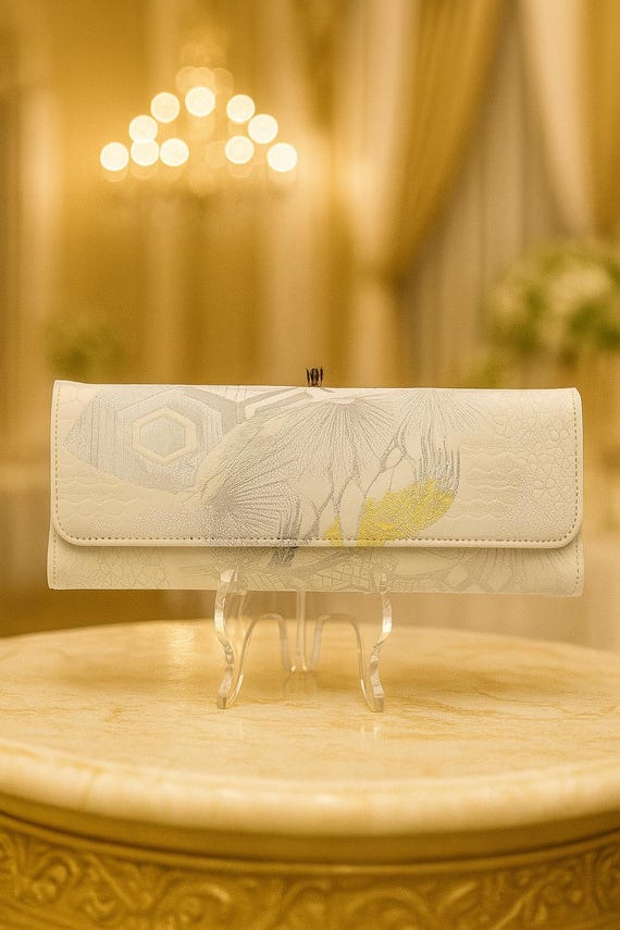 Handcrafted Evening Bag from Vintage Obi with Crane, Waves and Chrysanthemum Designs – Unique Japanese Clutch in White, Silver, Pink & Blue