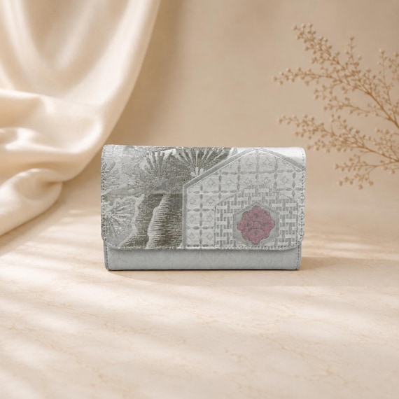 Vintage Obi Clutch, Japanese Silk Purse, White Silver Pink Evening Bag