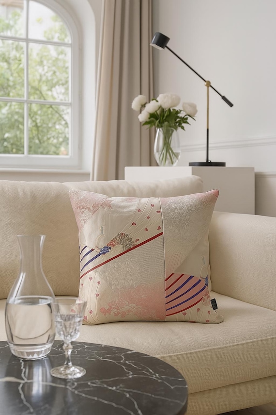 Pink cushion cover handcrafted from Vintage Japanese Kimono Obi, Kimono cushion cover 45x45cm