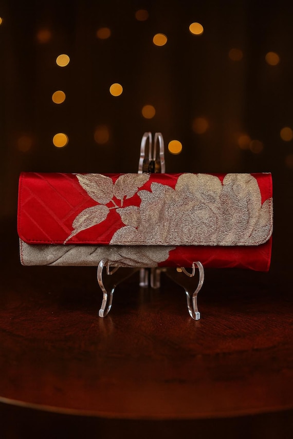 BOTAN & SAYAGATA Elegance: Handcrafted Vintage Kimono Evening Bag in Red, White, Silver, and Gold