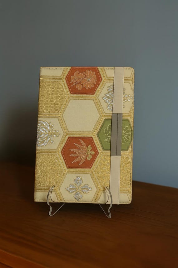 Tablet Cover from vintage Kimono Obi – Gold Japanese Case with Symbolic Patterns | Fits 9–12" Tablets | Kikkou, Kiku, Momiji, Seigaiha