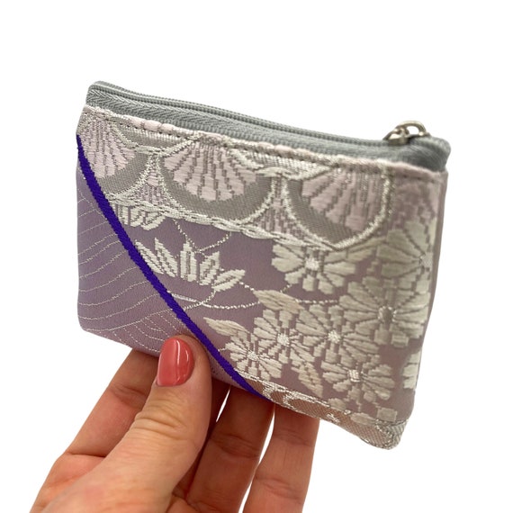 Vintage Japanese Kimono Obi Cardholder – Kiku and Seigaiha Patterns in Purple, White and Silver