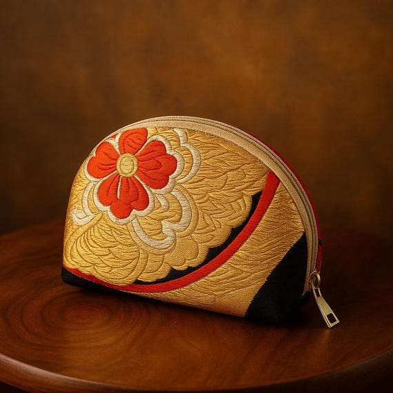 Vibrant Red, Gold, and Black Cosmetic Pouch with Chouchou and Hanabishi Pattern - Upcycled Vintage Elegance
