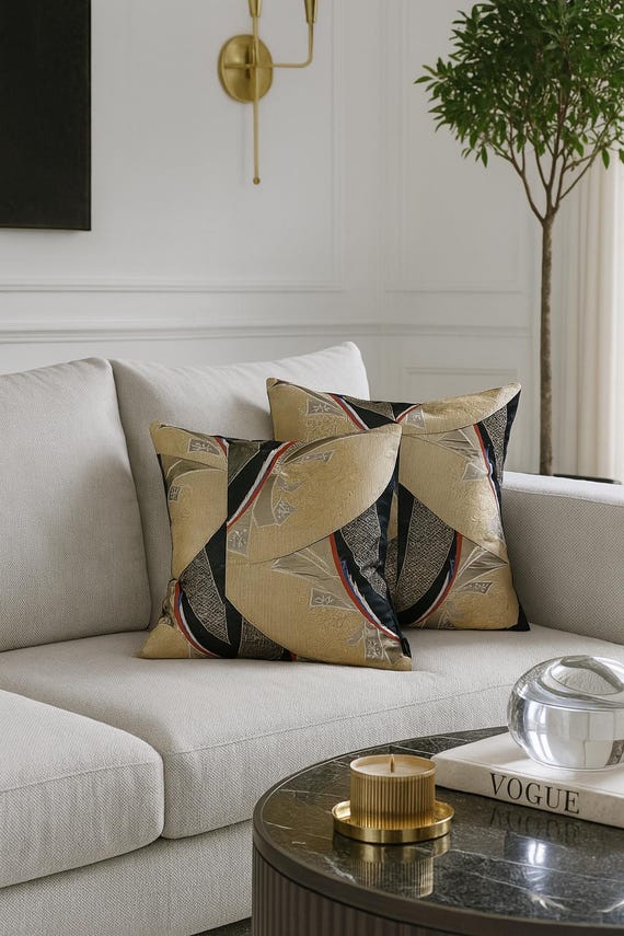 Set of 2 Japanese Gold | Black Pillow Covers | Kimono Obi Cushions | Japanese Knot, Kikko, Kiku, Peacock Feather Pattern | 45x45 & 50x50 cm