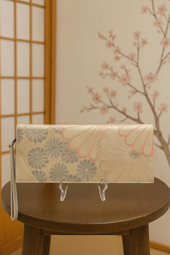 Elegant Silver Kimono Clutch Bag | Kiku Floral Obi Purse | Sustainable Japanese Evening Bag | Wedding Guest Gift | Handmade Silk