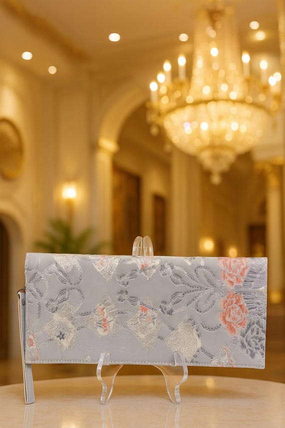 Silver Kimono Clutch with Ougi & Peony | Handmade Obi Envelope Bag | Vintage Silk Wedding Purse | Evening Bag with Chain