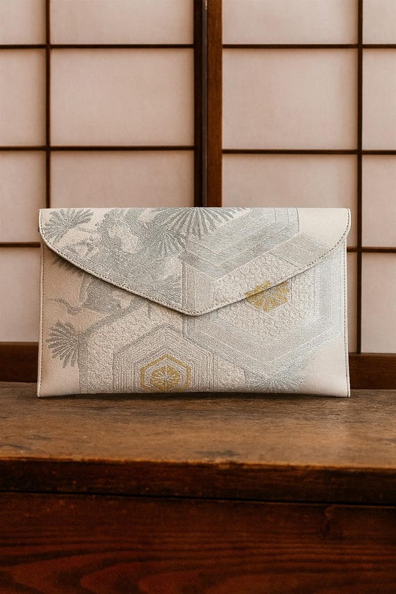 Handcrafted Vintage Japanese Fukuro Obi Envelope Clutch – Perfect Wedding Clutch with Matsu, Seigaiha, and Kikkou Patterns