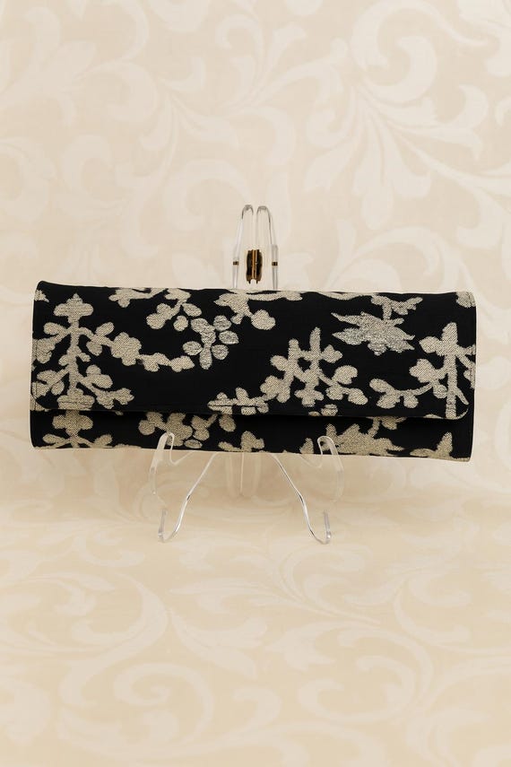 Japanese Vintage Kimono Belt Evening Bag - Elegant Black and Gold Clutch with Pine Pattern, wedding clutch bag