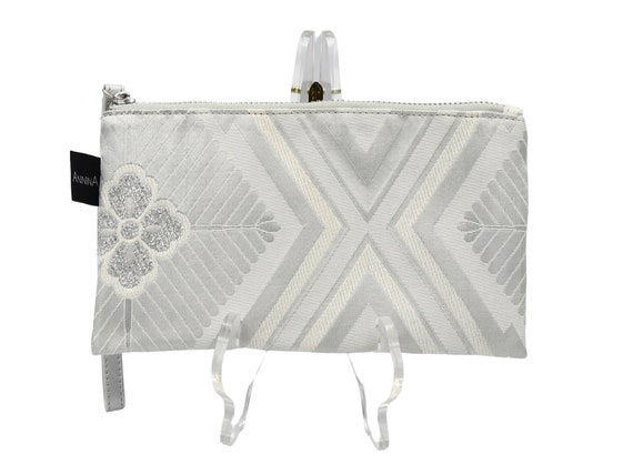 Handmade Bridal Clutch | Vintage Kimono Obi Purse | Elegant White & Silver Evening Bag